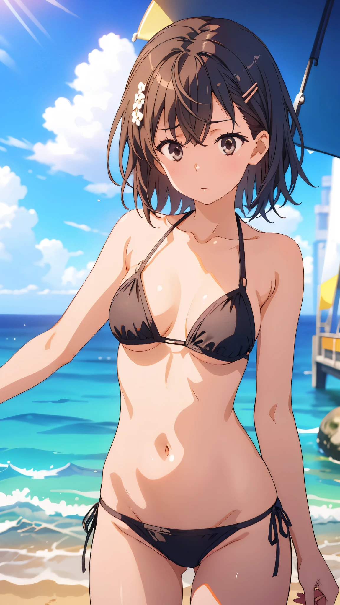 (highest quality:1.2, Very detailed, Latest, Vibrant, Super Detail, Ultra-high resolution, High Contrast, masterpiece:1.2, highest quality, Best aesthetics, there is:0.9), alone, (1 female), Megumin, short hair, black hair, (red eyes:1.3), short hair with long locks, minimal, 1girl, solo, ((black bikini)), red eyes, nose blush, shy, looking at viewer, camel toe, cute overload, small breasts, slim figure, contrapposto, (beautiful sandy shore), (ocean in background), (beautiful blue sky), (pulling bikini bottom down), 
