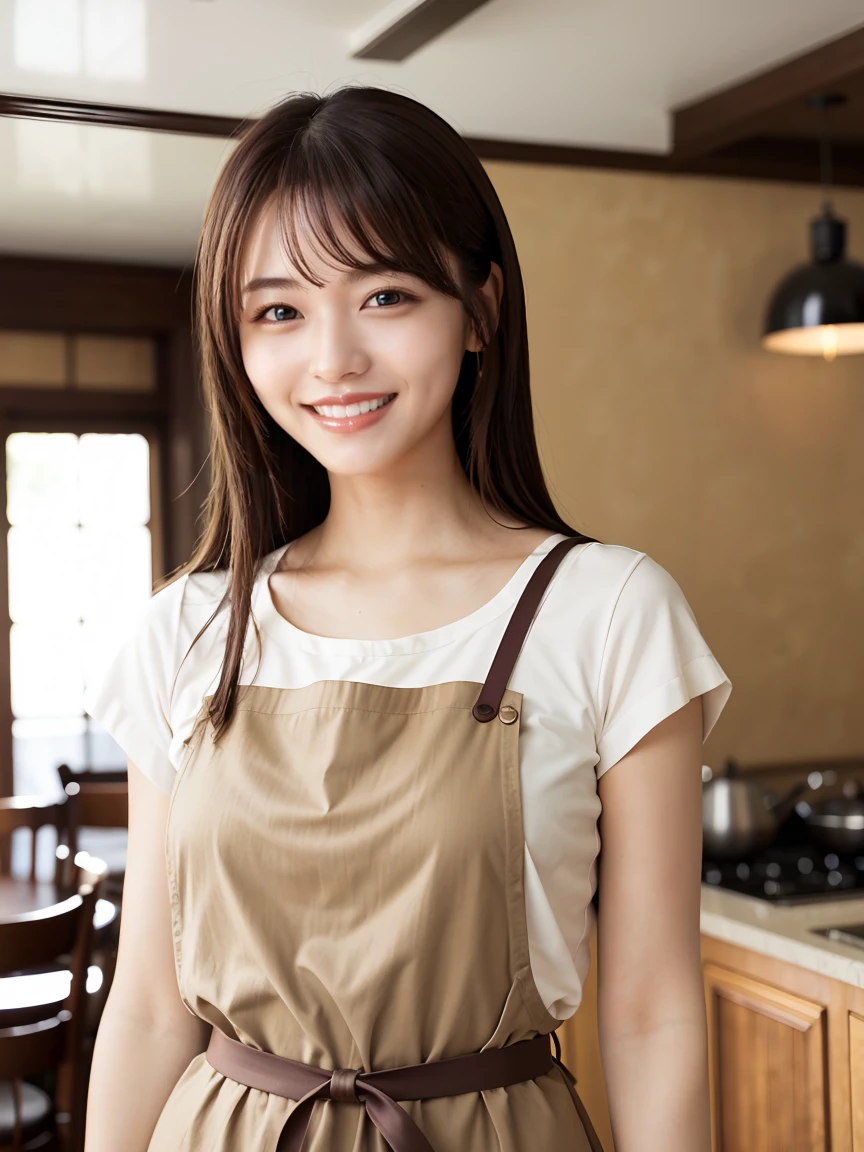 (Highest quality、Tabletop、8k、Best image quality、Award-winning works)、カフェで働くwoman、(The perfect brown apron:1.1)、(The perfect brown apron:1.1)、(Standing elegantly against the backdrop of a blurred cafe:1.3)、(A classy shirt and apron:1.1)、(Big Breasts:1.1)、(Accentuate your body lines:1.1)、美しいwomanの肖像画、The most elegant and cozy cafe、The most natural cafe, Perfectly organized、The most atmospheric and warm lighting、Stylish and elegant cafe、Strongly blurred background、Look at me and smile、(Accurate anatomy:1.2)、Ultra high resolution perfect beautiful teeth、Ultra-high definition beauty face、Ultra HD Hair、Ultra HD The Shining Eyes、The Shining, Super high quality beautiful skin、Super high quality glossy lip, (mature_woman_Lady:1
