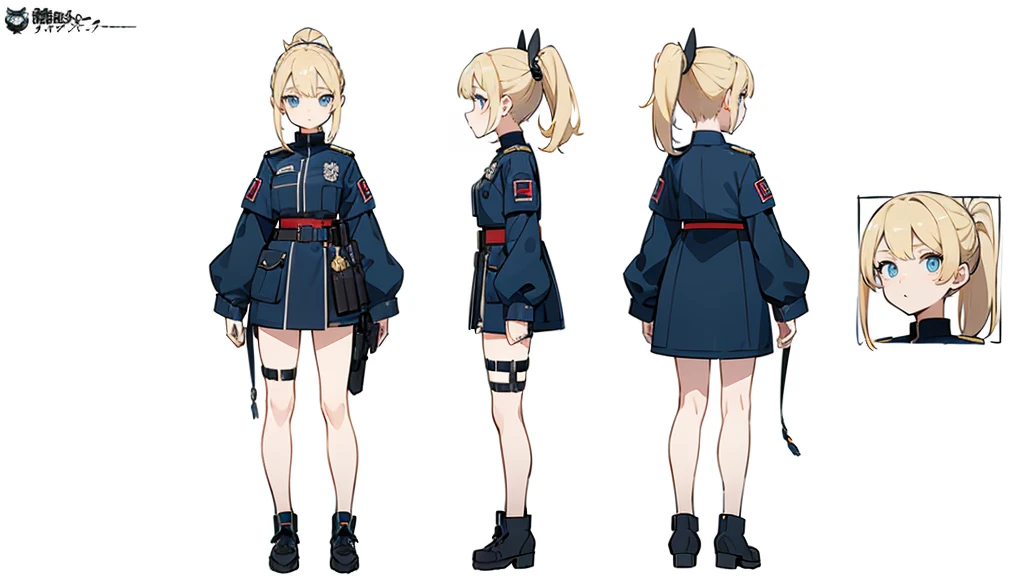 (masterpiece, best quality) police girl ,blonde hair ponytail,blue eye,((character design sheet, same character, full body, 3views, front, side, back))