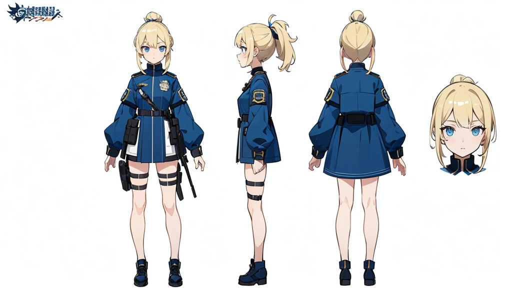 (masterpiece, best quality) police girl ,blonde hair ponytail,blue eye,((character design sheet, same character, full body, 3views, front, side, back))