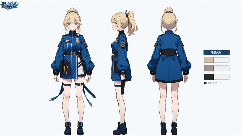 (masterpiece, best quality) police girl ,blonde hair ponytail,blue eye,((character design sheet, same character, full body, 3views, front, side, back))