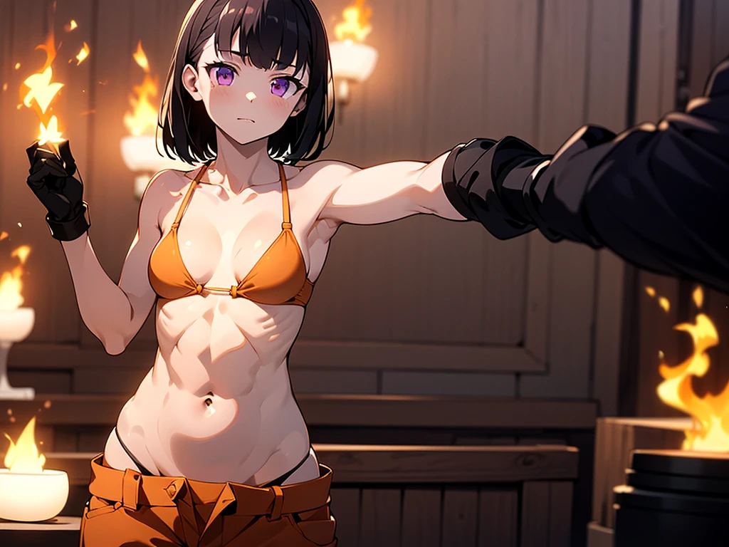 One girl, (alone:1.2), ((masterpiece)), (Shadow), [slim], (Small breasts), ((Sharp focus)), Pale skin, ((Fine grain)), (Blurred Background), Flame effect, (Small bikini bra), Oversized Orange Cargo Pants, belly button, gloves, (clavicle), Dramatic Pose, Purple eyes