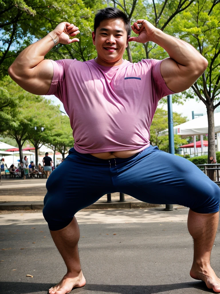Realistic photography of a korean-thai cute boy, 25 ages , wearing shirt, at park,movement dynamic pose very cool,huge pecs, Chubby Muscular
