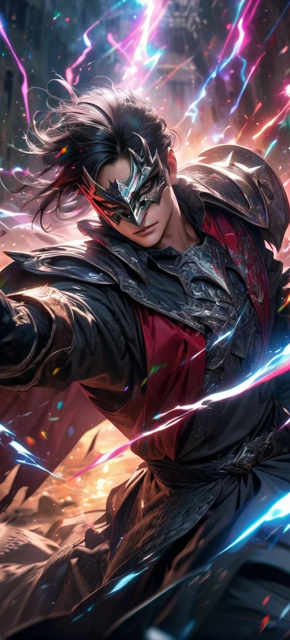 High quality, ultra realistic,absurdres, highres, ultra detailed, HDR, masterpiece, extremely detailed face and eyes, dragon knight, dragon knight mask,,colorful Black hair , , solo, ,man, handsome, , , Epic fight scene, colorful splashing effect,colorful lightning effect,glowing glitters ,