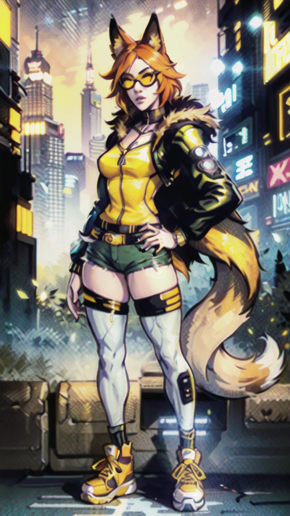 Masterpiece, ultra-detailed, (1girl, solo, Skinny fox girl, yellow sunglasses, green jacket, black shorts, yellow sneakers, orange hair, fox tail), (detailed clothes, detailed fur texture, detailed face), (cyberpunk, city background, detailed background), intricate details