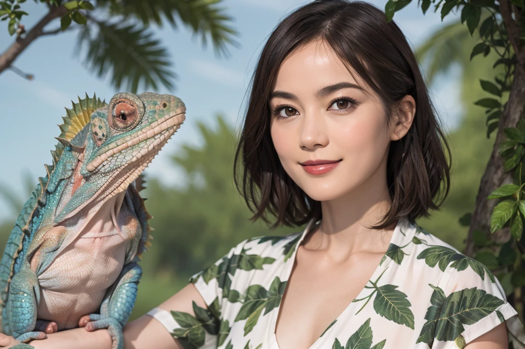 113
(20-year-old woman,standing), (Surreal), (high resolution), ((Beautiful Hairstyles 46)), ((short hair)), (A kind smile), (Busty:1.1), (wildlife print clothing), (There is a chameleon), (lipstick)