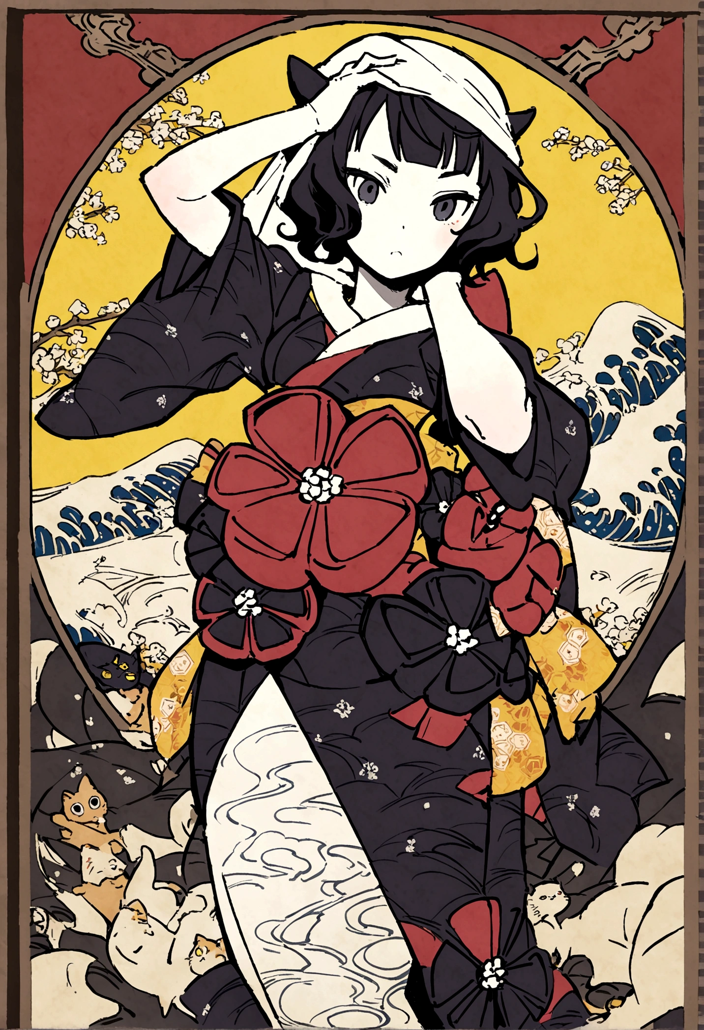 Anthropomorphic cat, dancing with towel over its head, Japanese and cat screens in background, Katsushika Hokusai, Utagawa Kuniyoshi, delicate and detailed, Ukiyoe style, girl