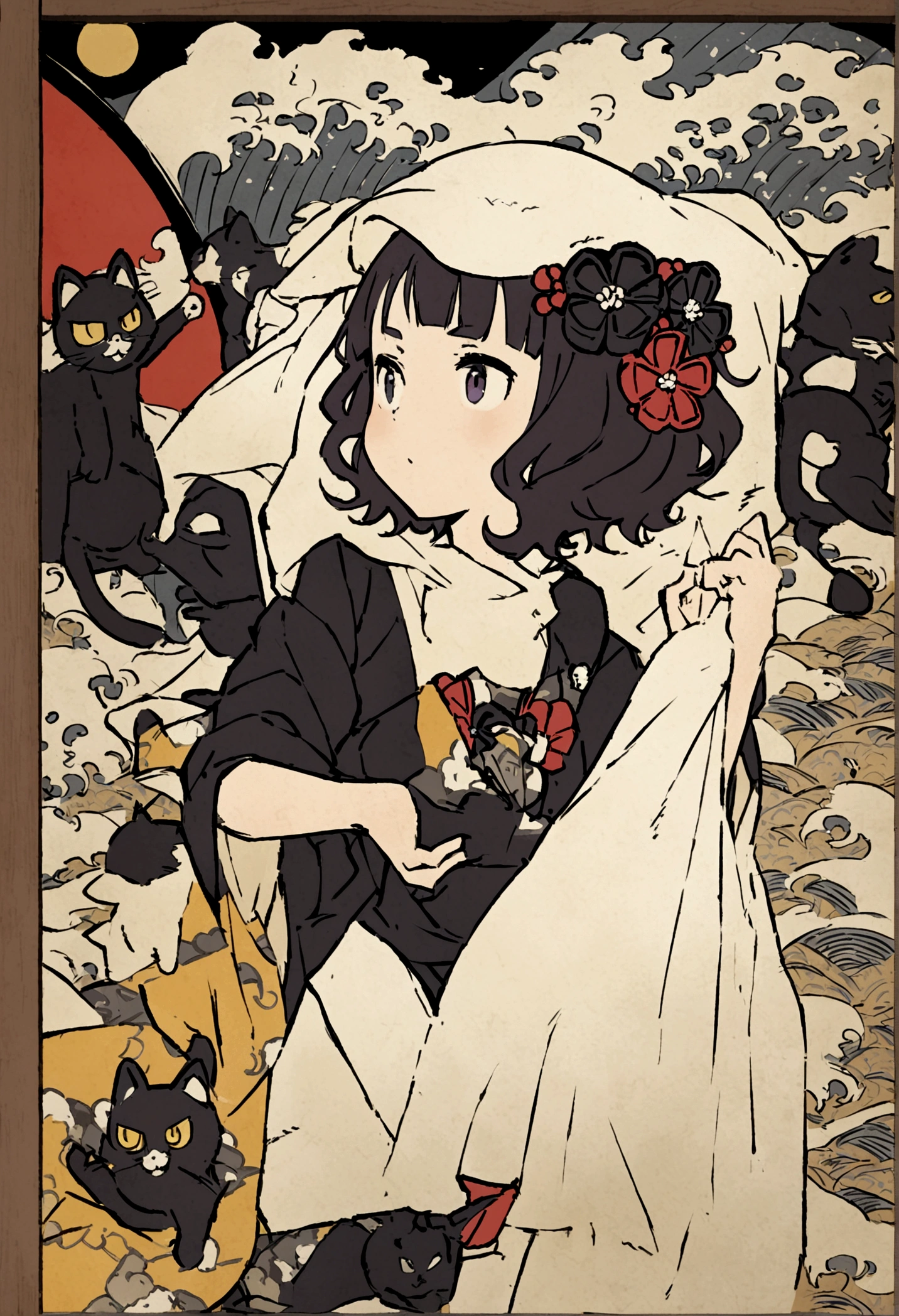 Anthropomorphic cat, dancing with towel over its head, Japanese and cat screens in background, Katsushika Hokusai, Utagawa Kuniyoshi, delicate and detailed, Ukiyoe style, girl