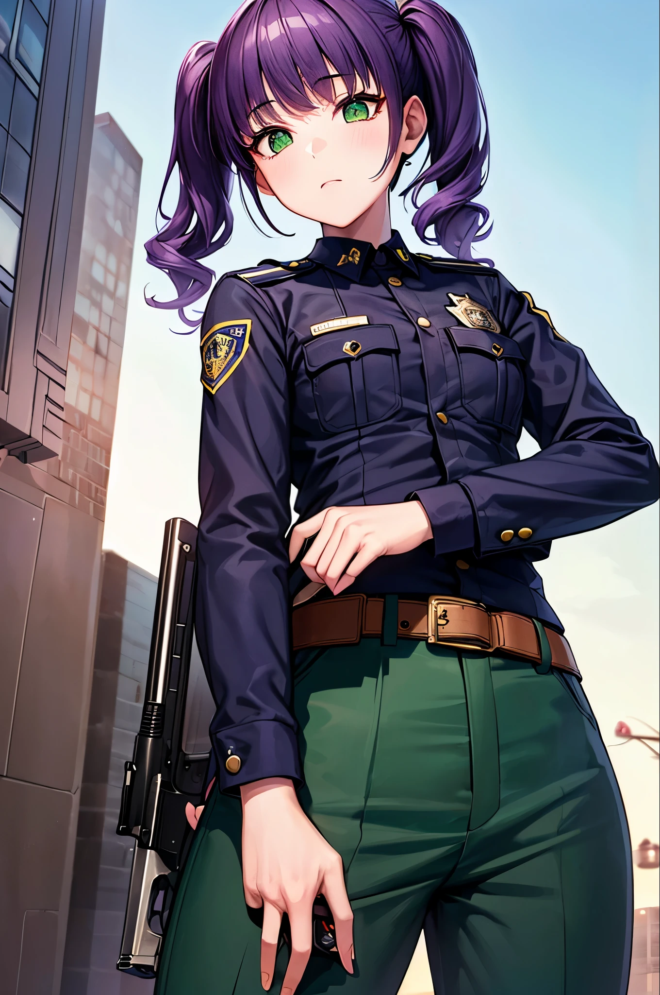 ((masterpiece)), ((Highest quality)), ((High resolution)), One girl, alone, Police Officer, (Matching pants, slacks), Urban Background, (Holding a pistol、Aim, Detailed pistol, Glock 22, Breaking the rules), Are standing, Medium Hair, (Purple Hair, Twin tails), (Green Eyes),