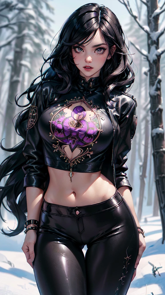 goth girl,1girl,((extremely cute and beautiful black haired anime goth girl)),(((16 years old))),(large breasts:1.2),((((black wavy hair:1.35,absurdly long unkempt hair,messy hair,colored inner hair,ear breathing)))),((heterochromia:1.5, (purple_eye and red_eye))),intricate eyes,beautiful detailed eyes,symmetrical eyes,Big eyes:1.5,((fat)),(((lustrous skin:1.5,bright skin: 1.5,skin tanned,shiny skin,very shiny skin,shiny body,plastic glitter skin,exaggerated shiny skin,illuminated skin))),(spider lower abdomen,narrow waist,wide hip,athletic body,inflated legs,thick thighs,detailed body,(detailed face)), cute,slutty,seductive,erotic,(nsfw), zettai ryouiki,revealing clothing,show skin,((printed T-shirt:1.3),(navel))),((black leather crop jacket:1.3)),(((black pants:1.5,black thong,visible thong straps)))),(((Black Eyeshadow,Thick Black Eyeliner,Long Dramatic Eyelashes,Black Lips,Goth Accessories,intricate makeup))),(((intricate outfit,intricate clothes,embroidered outfit,ornate outfit,embroidered clothes,ornate clothes))), (dynamic pose:1.0),embarrassed,(centered,scale to fit dimensions,Rule of thirds), ((snowy pine forest)),winter,scenery:1.25,((intricate scenery)),((snow forest background)),Christmas tree, (Glossy winter ornaments),highres,sharp focus,(ultra detailed,extremely detailed),(photorealistic artwork:1.37),(extremely detailed CG unity 8k wallpaper),(((vibrant colors,vibrant theme))),(intricate),(masterpiece),(best quality),detailed face, detailed eyes, detailed hands
