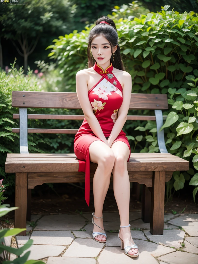 The Araved woman sits on a bench with large leaves in the garden, gorgeous chinese models, full-body xianxia, xintong chen, Chinese girl, Cheongsam, wenfei ye, trending at cgstation, shaxi, with acient chinese clothes, Yun Ling, queen of the sea mu yanling, belle delphine