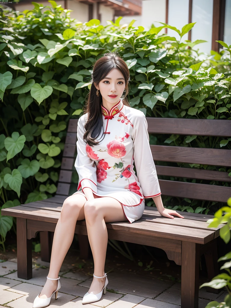 The Araved woman sits on a bench with large leaves in the garden, gorgeous chinese models, full-body xianxia, xintong chen, Chinese girl, Cheongsam, wenfei ye, trending at cgstation, shaxi, with acient chinese clothes, Yun Ling, queen of the sea mu yanling, belle delphine