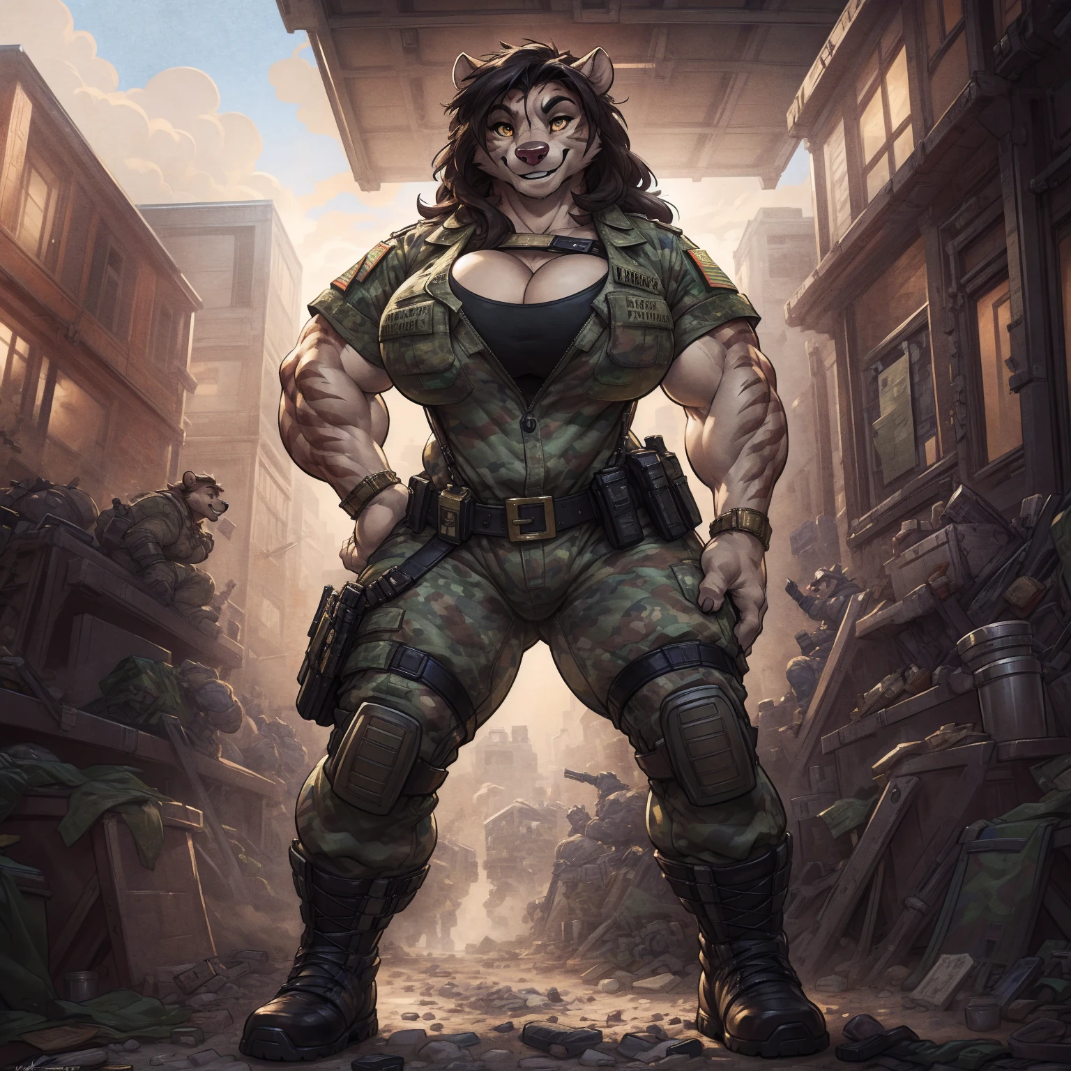 solo, 1girl, skunk, female, buff, muscular, huge breasts, gold eyes, highly detailed eyes, Amazon, wearing camouflage_uniform, (urban uniform:1.2), military camp, rolled sleeves, shirt, trousers, cleavage, standing upright, combat boots, full body, smiling, friendly, looking at viewer, realistic lighting, by darkgem, by wfa, by bng,