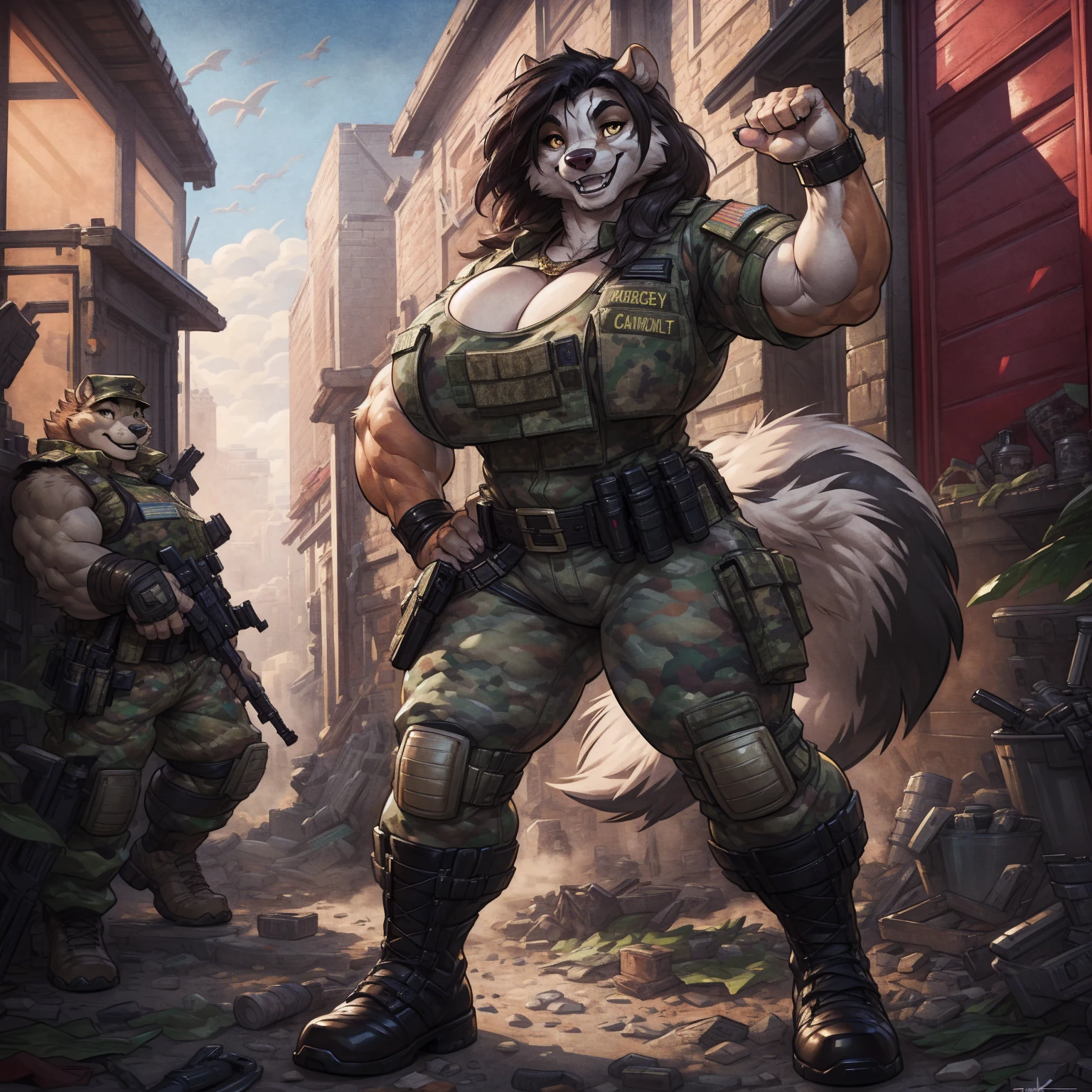 solo, 1girl, skunk, female, buff, muscular, huge breasts, gold eyes, highly detailed eyes, Amazon, wearing camouflage_uniform, (urban uniform:1.2), military camp, rolled sleeves, shirt, trousers, cleavage, standing upright, combat boots, full body, smiling, friendly, looking at viewer, realistic lighting, by darkgem, by wfa, by bng,