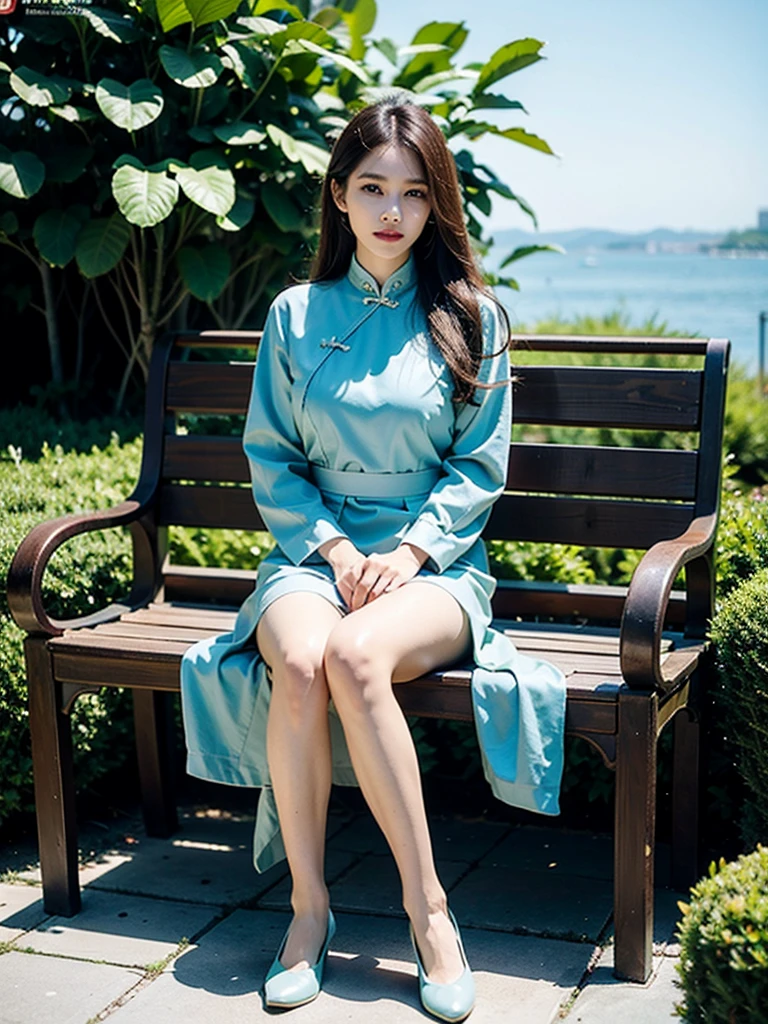 The Araved woman sits on a bench with large leaves in the garden, gorgeous chinese models, full-body xianxia, xintong chen, Chinese girl, Cheongsam, wenfei ye, trending at cgstation, shaxi, with acient chinese clothes, Yun Ling, queen of the sea mu yanling, belle delphine