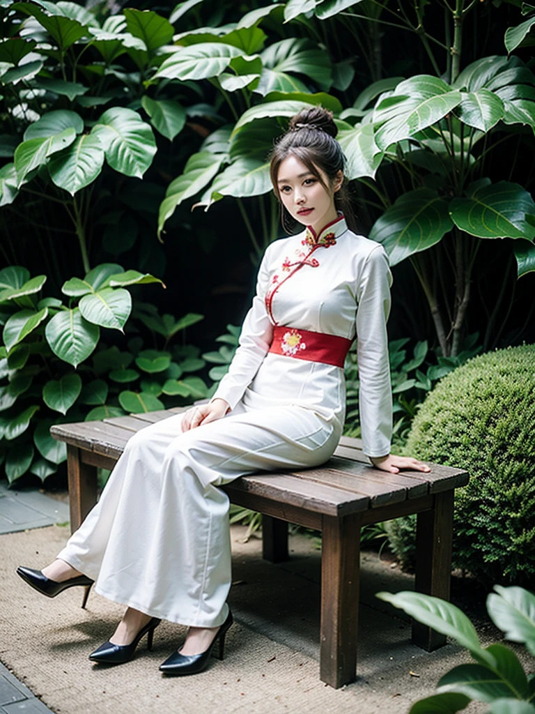 The Araved woman sits on a bench with large leaves in the garden, gorgeous chinese models, full-body xianxia, xintong chen, Chinese girl, Cheongsam, wenfei ye, trending at cgstation, shaxi, with acient chinese clothes, Yun Ling, queen of the sea mu yanling, belle delphine