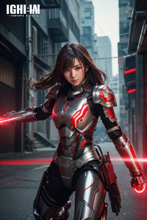 High resolution、8k、Digital Cyberpunk Art、Brown medium-long hair、Shiny Mechanical Armor、(Wears red and silver mechanical armor with white LED lights)、Armor with a Libra motif、Laser beams on both arms、(Enter the battlefield)、Cyborg Japanese Woman、Medium chest、(fighting stance)