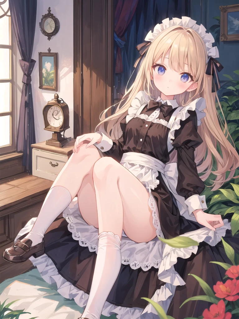 Girl in maid's outfit, fairy tale room. High quality, masterpiece,panty