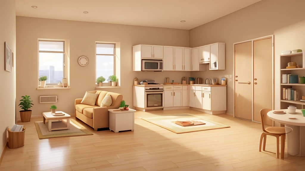 A small, neatly organized apartment with beige walls. The scene should include a single slice of toast on a plate, buttered to an exact specification. Nearby, a beige refrigerator hums softly. There should be stacks of perfectly filed invoices and a limp salad chopped into uniform squares, symbolizing the precise and mundane routine of Reginald’s life.
