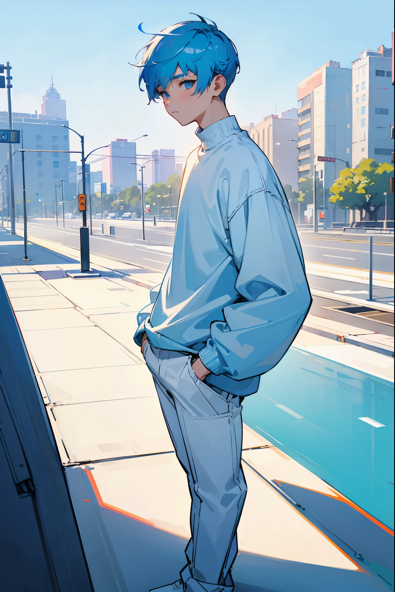 1male, light blue hair, short undercut hair, blue eyes, blue oversized design sweater, white pants, white accented clothing, city background, detailed background, hands to side, standing on path