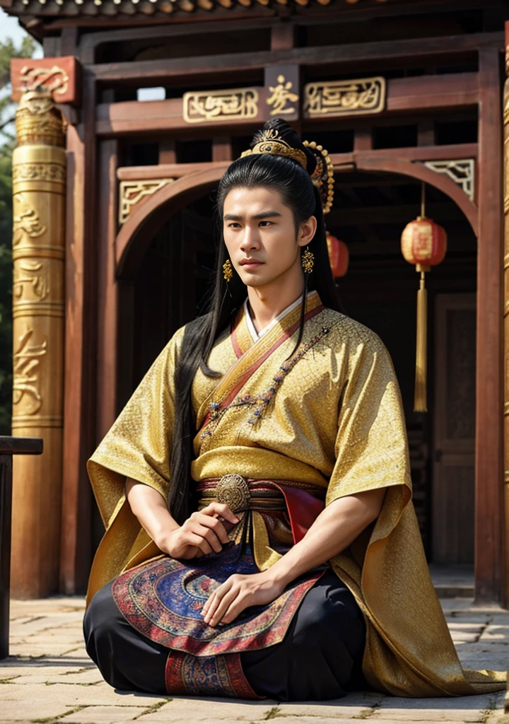 Photorealistic, super-high quality, masterpiece, extreme details, an insanely handsome Chinese actor with long black hair, solo, Hanfu, ancient Chinese architecture, Zen entanglement, Mandala, Tangled, super detailed.