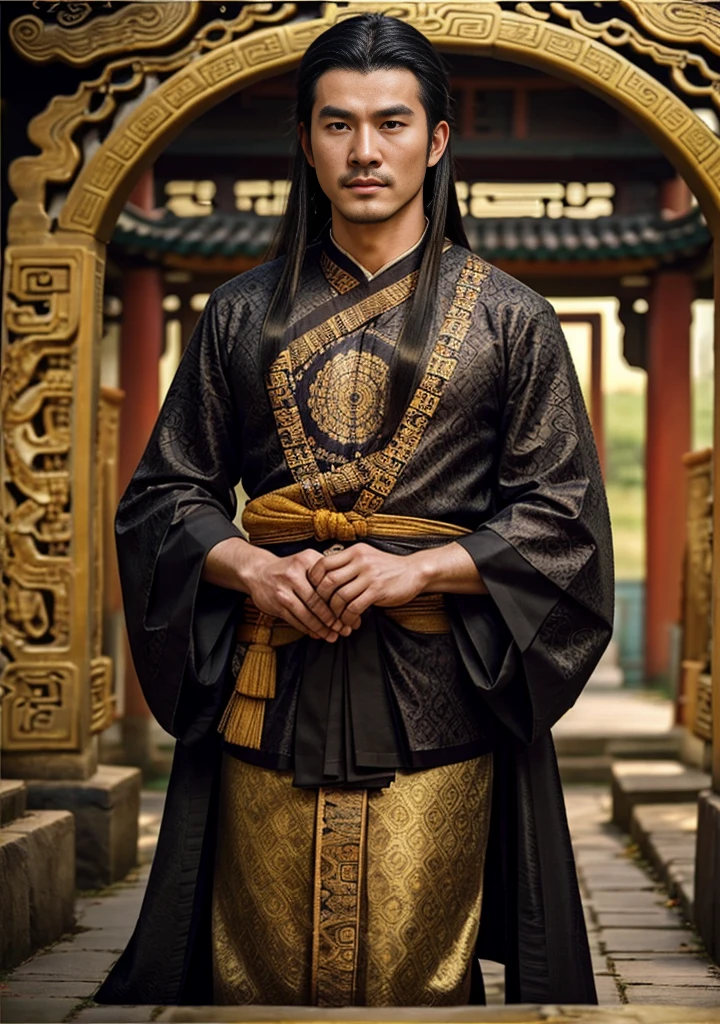 Photorealistic, super-high quality, masterpiece, extreme details, an insanely handsome Chinese actor with long black hair, solo, Hanfu, ancient Chinese architecture, Zen entanglement, Mandala, Tangled, super detailed.