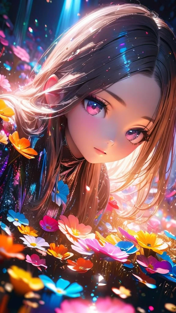 High quality, ultra hd, high resolution , ultra realistic, 8 k , masterpiece design, beautiful women surrounded beautiful colorful flowers , beautiful effect, Glitter, cinematic lighting