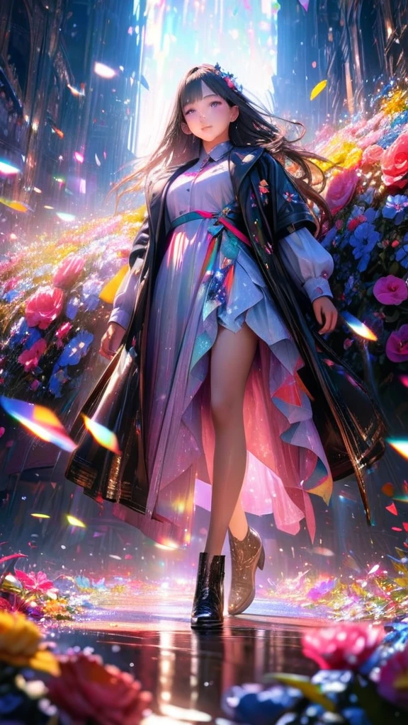  High quality, ultra hd, high resolution , ultra realistic, 8 k , masterpiece design, beautiful women surrounded beautiful colorful flowers , beautiful effect, Glitter, cinematic lighting 