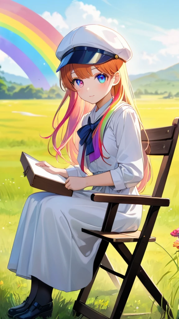 1 Female, Beautiful, Humble, Kind, long hair upper waist Stright, rainbow pupil eyes colour, Multi-Colours rainbows Hairs, wear white plain colours Newsboy Cap, White Drees flowing with skirt, holding brush sit on small wooden chairs front blank canvas, Open grassland background in the morning.