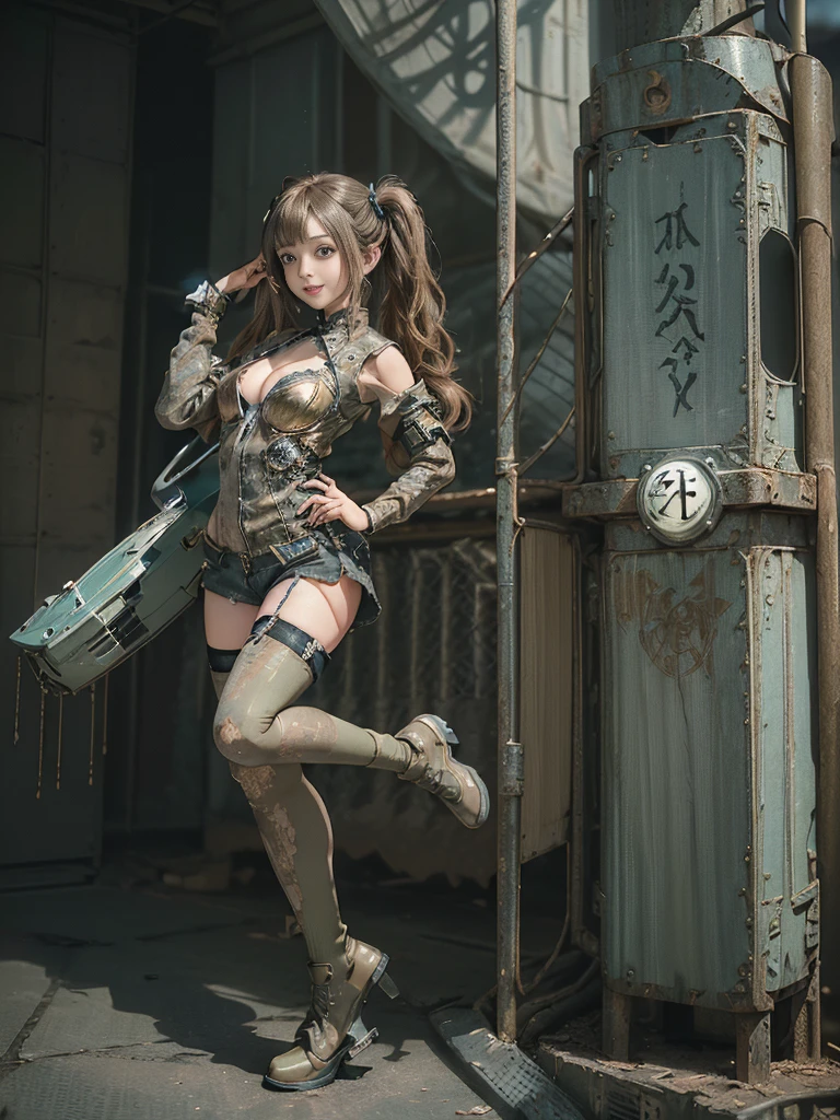 (Full Body View:1.5)、(Side view:1.0)、(Please smile with your teeth showing:1.3),(Shibuya Gal:1.5)、(Gothic ta style fashion:1.5)、(Tattered khaki and gray futuristic micro high leg bodysuit:1.5)、(Tattered Khaki and Moss Green Micro Fancy Sleeves:1.5)、(Tattered khaki micro shorts:1.5)、(Brown and khaki knee socks:1.3)、(camouflage:1.3)、(Military jacket:1.4)、Brown boots、Khaki gloves、internal、(The underwear is striped:1.4)、23 years old、(do a gravure pose:1.3)、((Highest quality、8K、masterpiece:1.3))、One girl、The beauty of slim abs:1.3、(Hairstyle Casual、Big Tits:1.1)、dress:1.1、Super small face、Narrow eyes、double eyelid、Laughter、Esbian all over、Dynamic Angle、Close-up、CPL Filter、Blurred Background、Bokeh、Blue Hour、Detailed face and skin texture、Detailed Eyes,(Twin tails:1.3)、(Brown-golden hair:1.4)、Gravure idol pose、(The background shows a futuristic hovercraft bike flying through the air.:1.3)、(The body is slim:1.2),(Slim legs:1.4),(clavicle:1.1)