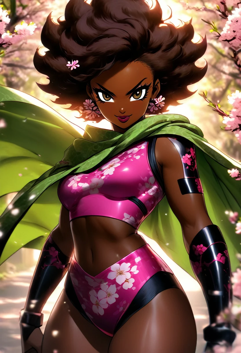 Circular shades, dark skin, afro-Caribbean, short wavy hair, light arburn eyes, dark lip stick, dark lip gloss, athletic, cleavage, smirking, wide eyes, green cape, cherry blossom print kunoichi armor, thick thighs voluptuous square physique, hands behind back, standing, facing viewer, tone, mischievous smile, celshaded,anime screencap 