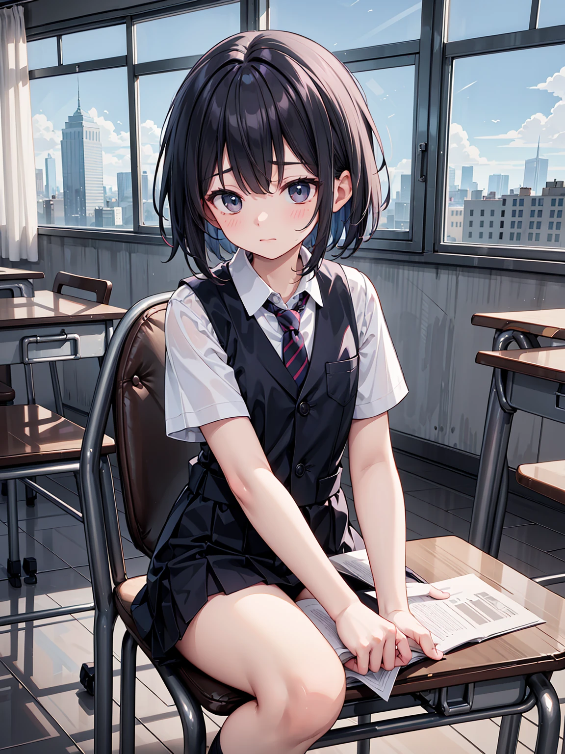((Masterpiece, best quality, high quality)), very detailed CG uniform 8k wallpaper, very detailed, very detailed background, classroom, windows, sunlight, detailed eyes, sunlight, shiny hair, shiny skin, ((1boy)), high school, black hair, black eyes, ((depressed)), cold expression, gloomy, white shirt, blue vest, tie, sitting at the desk