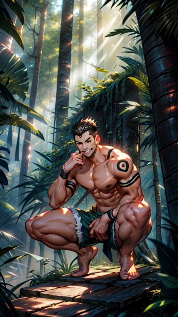 (A corner of the photo from bottom to top) (Highest quality images) Lion Man ,real, young,（Grinning） ， Wearing shorts, Crotch protrusion, Anime Character, Squatting on the ground, Legs open, male face, bonito rosto young, Undercut Hair, Huge chest muscles, 大腿muscular, Biceps tendon, Huge body, Toned body due to intense training, muscular, 8-pack clear ABS, 3 meters high, Topless, , Glowing skin, Dihan.com,（ Hands on thighs）, barefoot, （No beard），Sitting on a wooden stake in the rainforest，Photos taken from a lower angle,