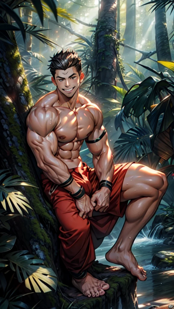 (A corner of the photo from bottom to top) (Highest quality images) Lion Man ,real, young,(Grinning) , Wearing shorts, Crotch protrusion, Anime Character, Squatting on the ground, Legs open, male face, bonito rosto young, Undercut Hair, Huge chest muscles, 大腿muscular, Biceps tendon, Huge body, Toned body due to intense training, muscular, 8-pack clear ABS, 3 meters high, Topless, , Glowing skin, Dihan.com,( Hands on thighs), barefoot, (No beard),Sitting on a wooden stake in the rainforest,Photos taken from a lower angle,