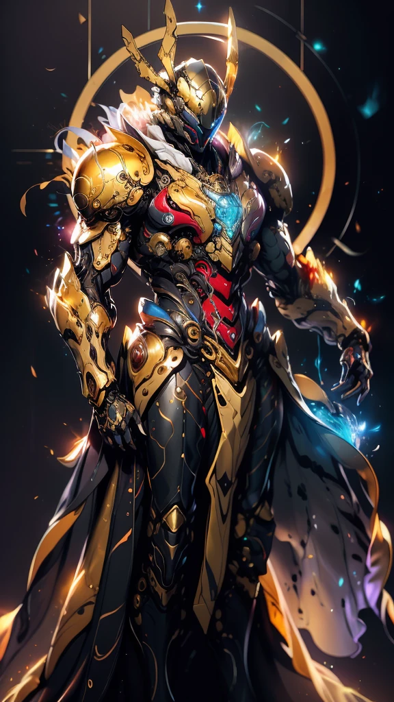 A woman adorned in fantasy-style full-body armor, a crown-concept fully enclosed helmet that unveils only her eyes, a composite layered chest plate, fully encompassing shoulder and hand guards, a lightweight waist armor, form-fitting shin guards, the overall design is heavy-duty yet flexible, (the armor gleams with a golden glow, complemented by red and blue accents), exhibiting a noble aura, she floats above a fantasy-surreal high-tech city, this character embodies a finely crafted fantasy-surreal style armored hero in anime style, exquisite and mature manga art style, (mixture of Queen bee and Spider concept Armor, plasma), ((Element, elegant, goddess, femminine:1.5)), metallic, high definition, best quality, highres, ultra-detailed, ultra-fine painting, extremely delicate, professional, anatomically correct, symmetrical face, extremely detailed eyes and face, high quality eyes, creativity, RAW photo, UHD, 32k, Natural light, cinematic lighting, masterpiece-anatomy-perfect, masterpiece:1.5