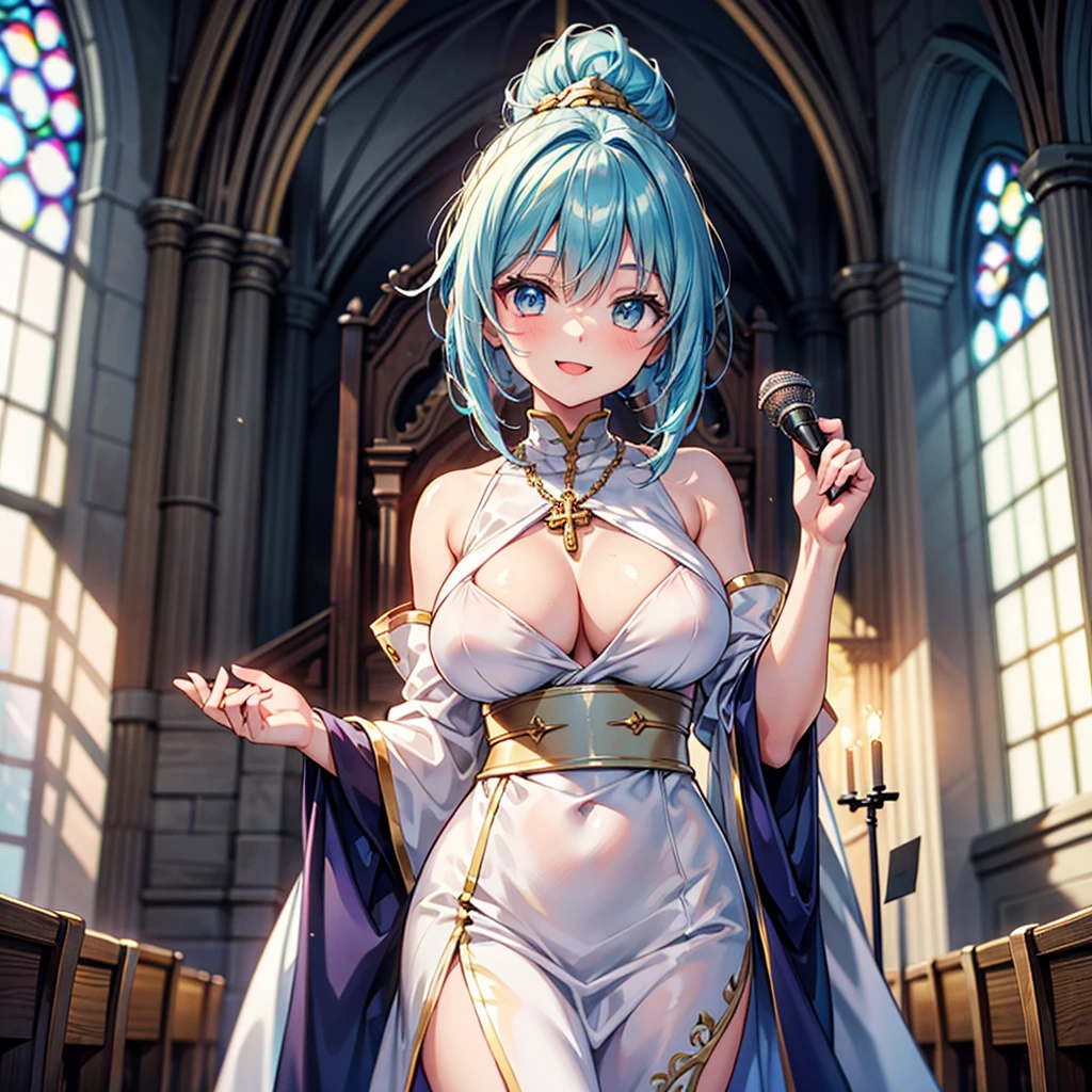 Anime Moe Art Style,Highest quality,High resolution,Anatomically correct,One Girl,-teegirl with light blue hair in a ponytail,Super detailed,Fantasy World,Sister,Monastic Clothes,Big Breasts,Shiny skin,Beautiful Skin,A rich expression,smile,church,choir,Singing hymns,Eyes drawn in detail,Gold Rosary,8K