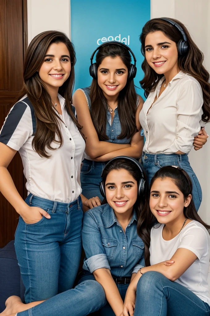 Dibujo de 4 amigas haciendl un podcast