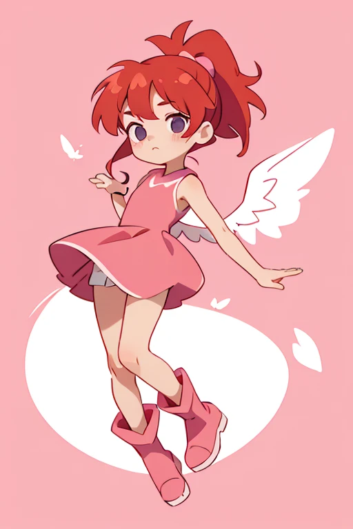 5  angel girl, redhead, hair in a medium ponytail, red strapless sleeveless mini dress, very short skirt, pink boots, pink wings
