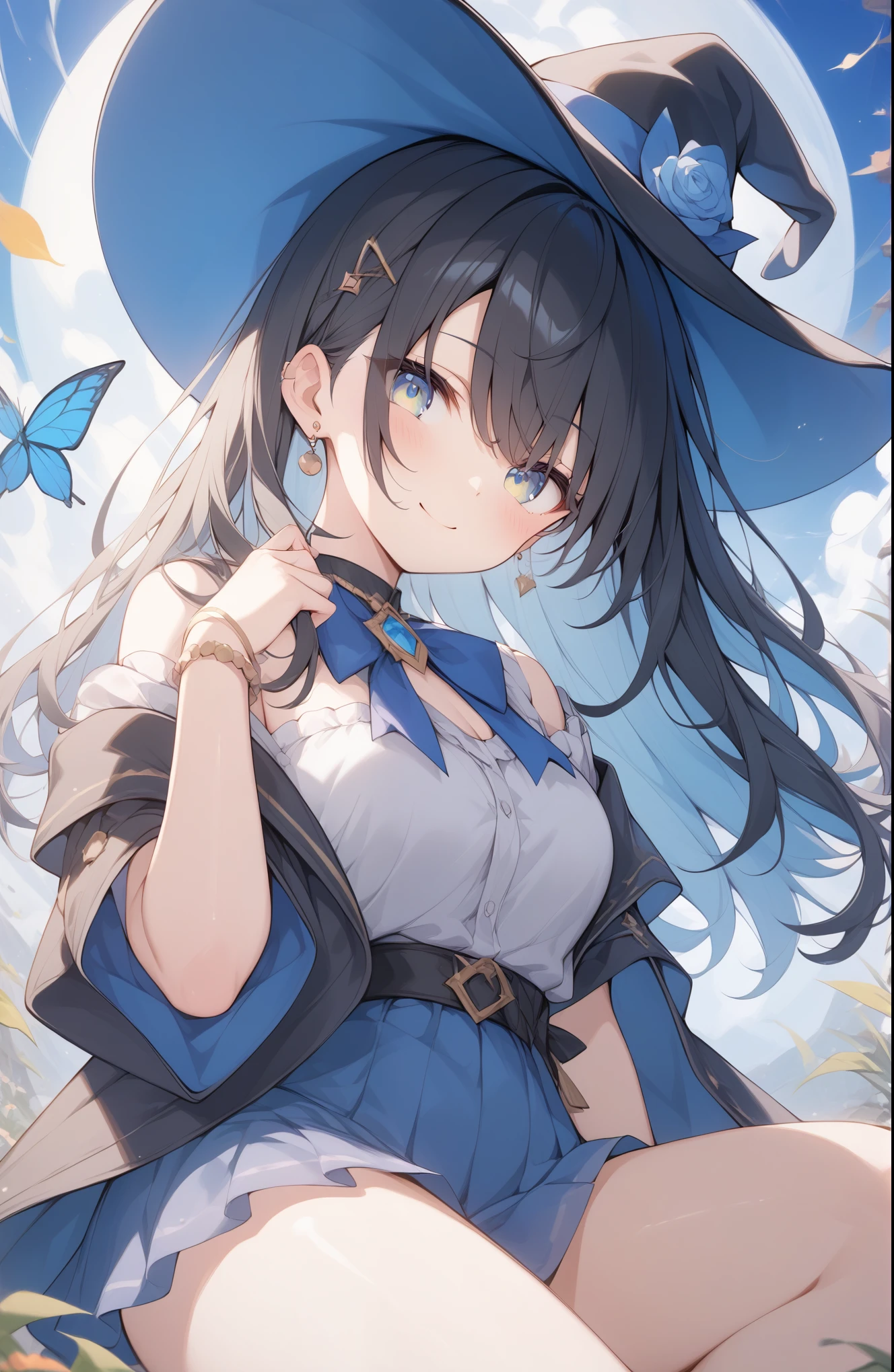 超High resolution, Attention to detail, high quality, High resolution, 最high quality, 4K, 8k, Awards, (artwork)、Witch girl with black cat、Black Hair、long hair、Little Witch、Light effects、cute,Light color