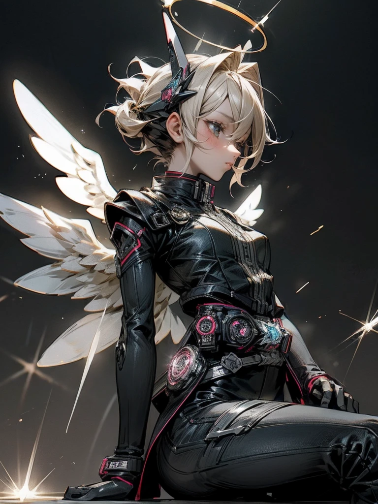Kamen Rider,Angel, woman,heaven arena background,spark belt,halo,morter cycle riding
