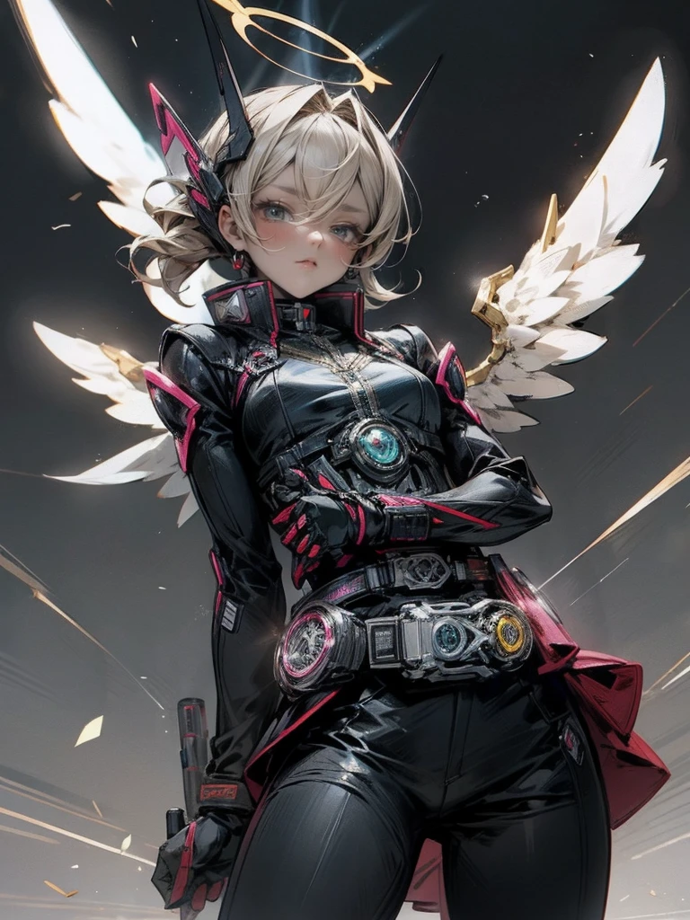 Kamen Rider,Angel, woman,heaven arena background,spark belt,halo,morter cycle riding
