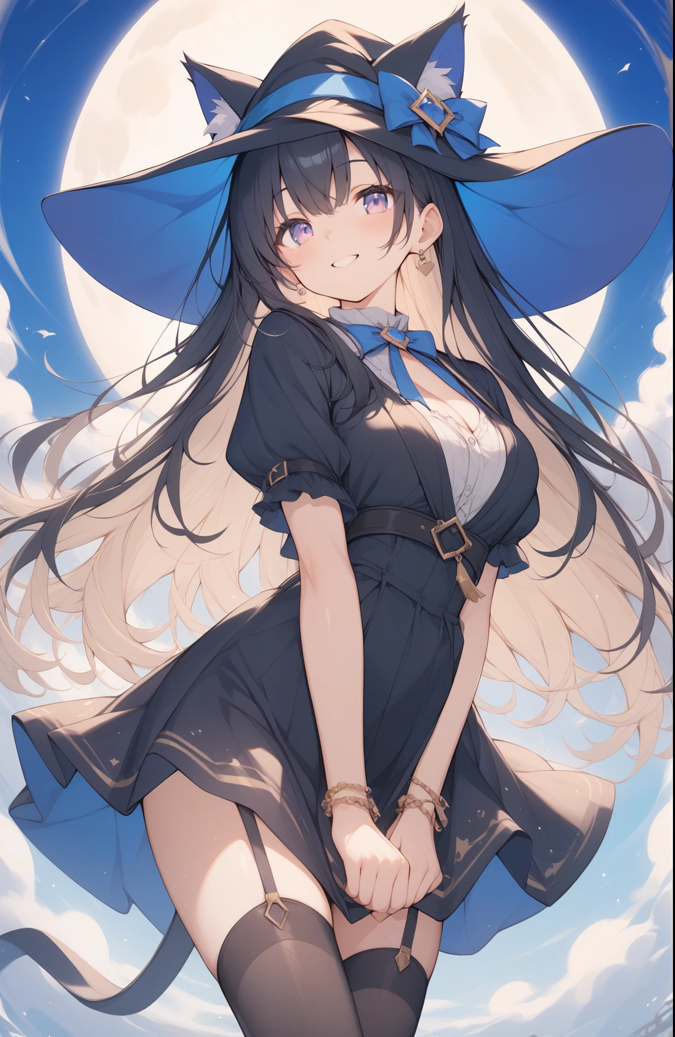 超High resolution, Attention to detail, high quality, High resolution, 最high quality, 4K, 8k, Awards, (artwork)、Witch girl with black cat、Black Hair、long hair、Little Witch、Light effects、cute,Light color