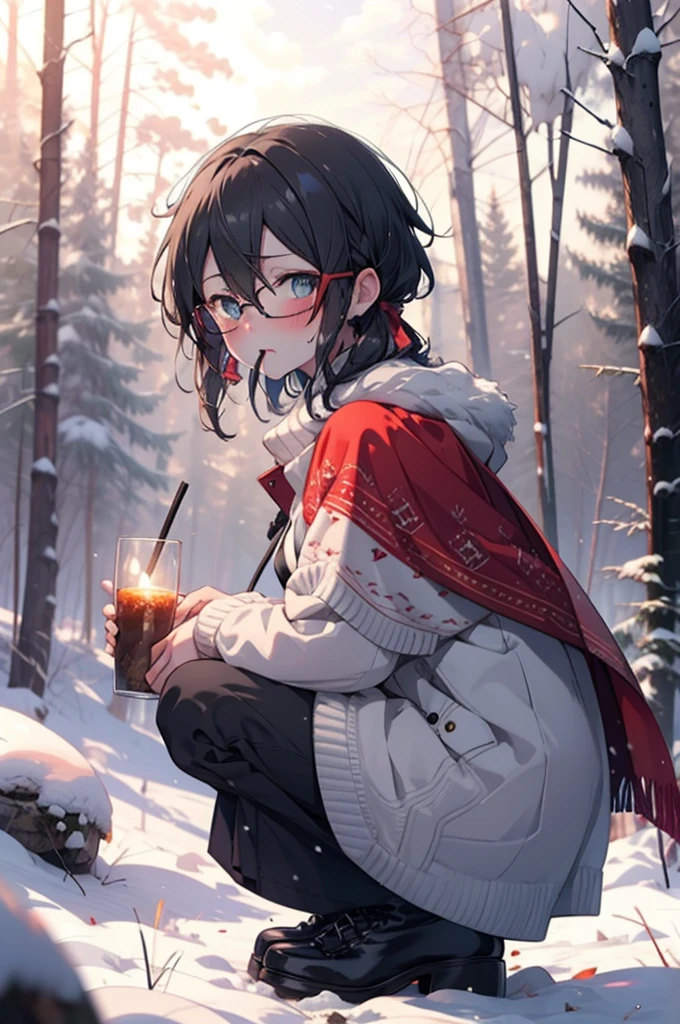 Shino Asada, Shino Asada, (black eye:1.5), Black Hair, Hair between the eyes, Hair Ribbon, short hair, Side Lock, Glasses, (Small breasts:1.2),blush,White Breath,
Open your mouth,snow,A bonfire on the ground, Outdoor, boots, snowing, From the side, wood, suitcase, Cape, Blurred, having meal, forest, White handbag, nature, Squat, Mouth closed, Cape, winter, Written boundary depth, Black shoes, red Cape break looking at viewer, Upper Body, whole body, break Outdoor, forest, nature, break (masterpiece:1.2), Highest quality, High resolution, unity 8k wallpaper, (shape:0.8), (Beautiful and beautiful eyes:1.6), Highly detailed face, Perfect lighting, Extremely detailed CG, (Perfect hands, Perfect Anatomy),