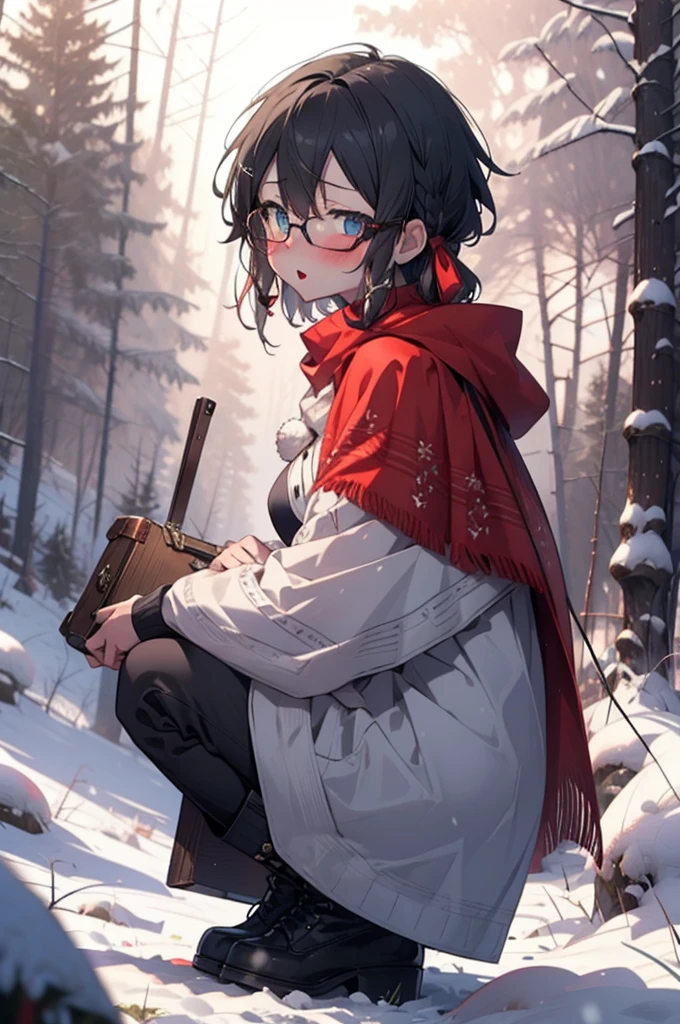 Shino Asada, Shino Asada, (black eye:1.5), Black Hair, Hair between the eyes, Hair Ribbon, short hair, Side Lock, Glasses, (Small breasts:1.2),blush,White Breath,
Open your mouth,snow,A bonfire on the ground, Outdoor, boots, snowing, From the side, wood, suitcase, Cape, Blurred, having meal, forest, White handbag, nature, Squat, Mouth closed, Cape, winter, Written boundary depth, Black shoes, red Cape break looking at viewer, Upper Body, whole body, break Outdoor, forest, nature, break (masterpiece:1.2), Highest quality, High resolution, unity 8k wallpaper, (shape:0.8), (Beautiful and beautiful eyes:1.6), Highly detailed face, Perfect lighting, Extremely detailed CG, (Perfect hands, Perfect Anatomy),