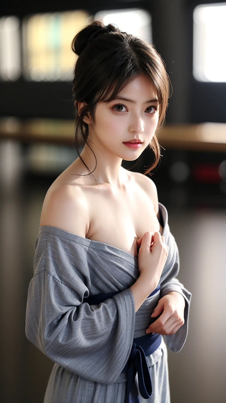 8K quality、High resolution、Realistic skin texture、High resolutionの瞳、woman、A grey yukata with the shoulders open、One-shoulder yukata、Princess Hair、thin、リアルなwoman性器、Small breasts、thin脚、Wet body、Reader model、Slender model figure、Bold Pose、Shooting from below