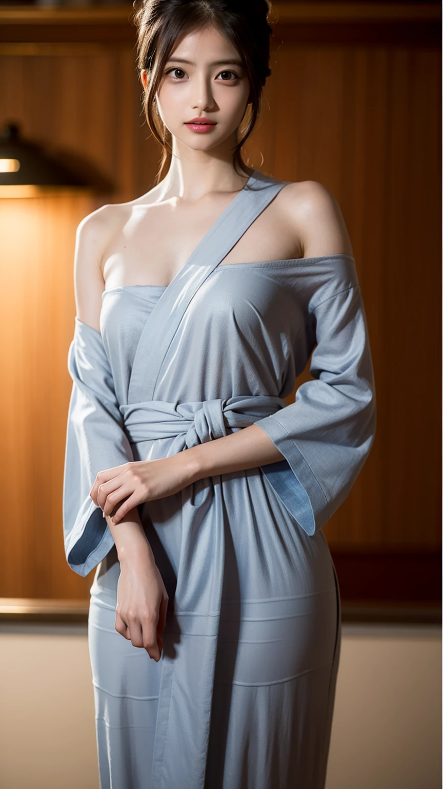 8K quality、High resolution、Realistic skin texture、High resolutionの瞳、woman、A grey yukata with the shoulders open、One-shoulder yukata、Princess Hair、thin、リアルなwoman性器、Small breasts、thin脚、Wet body、Reader model、Slender model figure、Bold Pose、Shooting from below