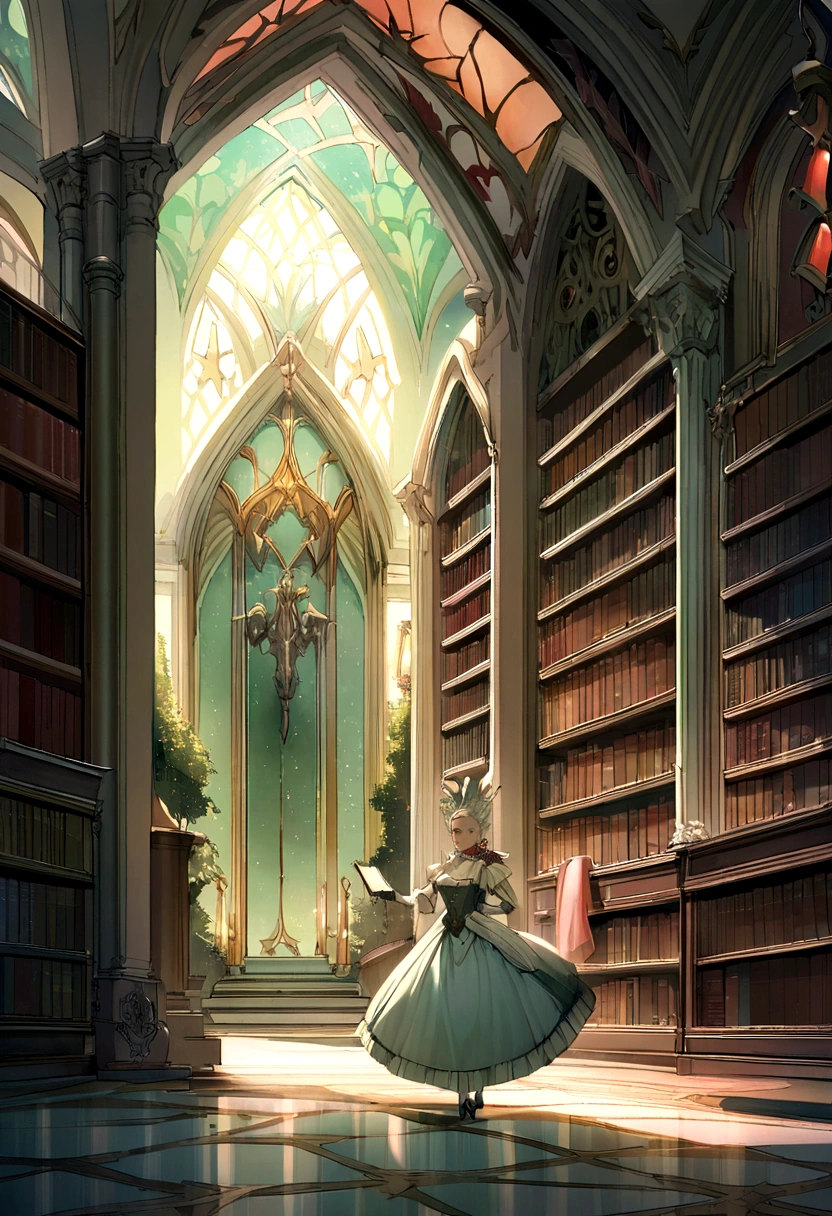（Inside Enchanted magique Library,  Ses étagères sont ornées de livres scintillants de secrets indicibles et de murmures silencieux de désirs cachés., Large and beautiful bookcase with shimmering reflections, livres lumineux, magique, sparkling walls，fantaisie，Leonora Carrington，a fantaisie forest，Perspective floue，Sunlight filters through the trees，Riche en couleur，affectation，effet d&#39;shadow and light，k hd，chef-d&#39;artwork，detailed details，profondeur de champs