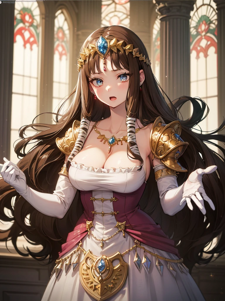 ((Dark brown hair)),Anime art style,masterpiece,(Highest quality), ((Scared)),(Very detailed),(Very delicate and beautiful),(alone),,(Detailed face and eyes),Beautiful eyes like jewels,(A truly gorgeous jeweled ruffled rococo ball gown dress),(((Mature Woman,Queen)))),((crinoline)),Absolutely gorgeous highly detailed rococo ball gown dress with ruffled voluminous full length hoop skirt,((Long Straight Hair)),(),Cleavage,length_gloves,Very gorgeous hair accessory、,((Gorgeous Glitter Jewelry)),