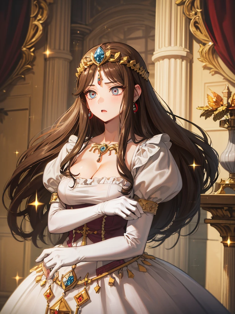 ((Dark brown hair)),Anime art style,masterpiece,(Highest quality), ((Scared)),(Very detailed),(Very delicate and beautiful),(alone),,(Detailed face and eyes),Beautiful eyes like jewels,(A truly gorgeous jeweled ruffled rococo ball gown dress),(((Mature Woman,Queen)))),((crinoline)),Absolutely gorgeous highly detailed rococo ball gown dress with ruffled voluminous full length hoop skirt,((Long Straight Hair)),(),Cleavage,length_gloves,Very gorgeous hair accessory、,((Gorgeous Glitter Jewelry)),