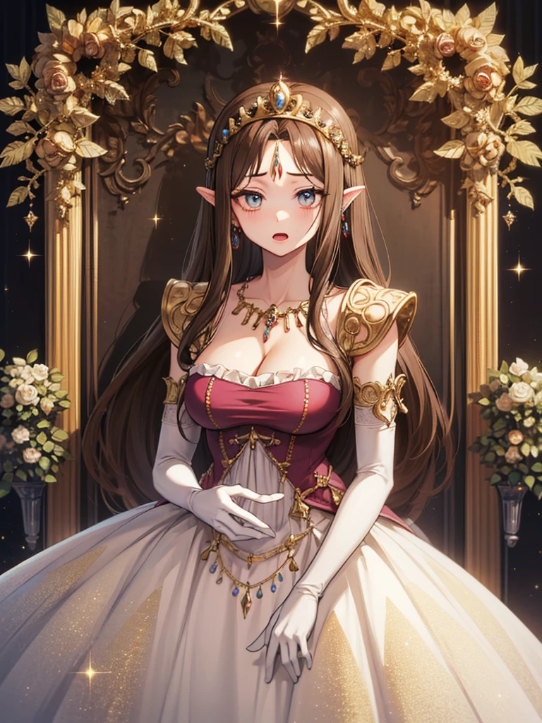 girl,Princess,long wet ponytail brown hair,diamods crown,he tall,sexy pose princess,super big breast,(P cup),age 17,cheerfull,happy and smile detailed face,sexy long princess clothes and long skirt outfit,full body,red peach lips,sitting on royal palace,princess hold a bouquet of flowers,in the crowd royal palace,her nose was red on royal palace